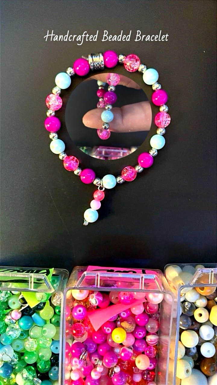 Handmade Beaded Bracelet Multicolor Pink Glass Round Beads Dangle Charm #081