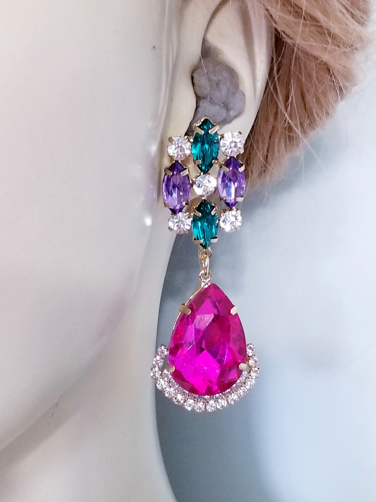 Chandelier Earrings Rhinestone Multi Color Pink Crystal 2.8 inch