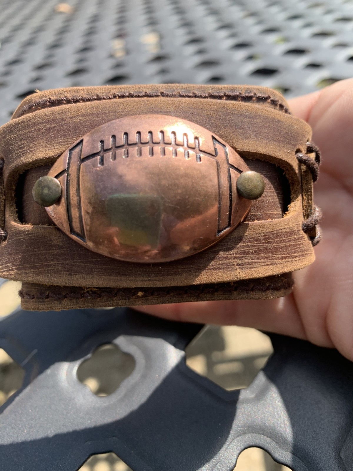 Plunder Copper Tone Football Cuff Bracelet Brown Leather Wrist Strap Sports