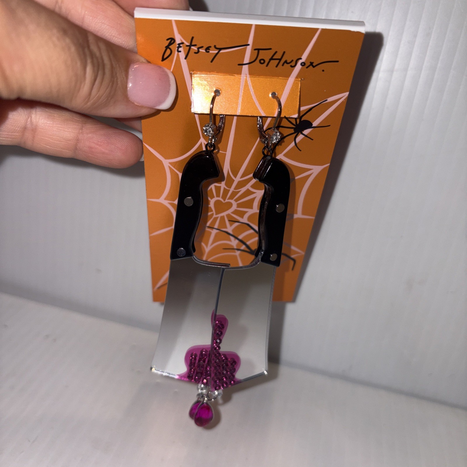 Betsey Johnson Black Handle Cleaver Drop Earrings Crystal Accents For Blood NWT