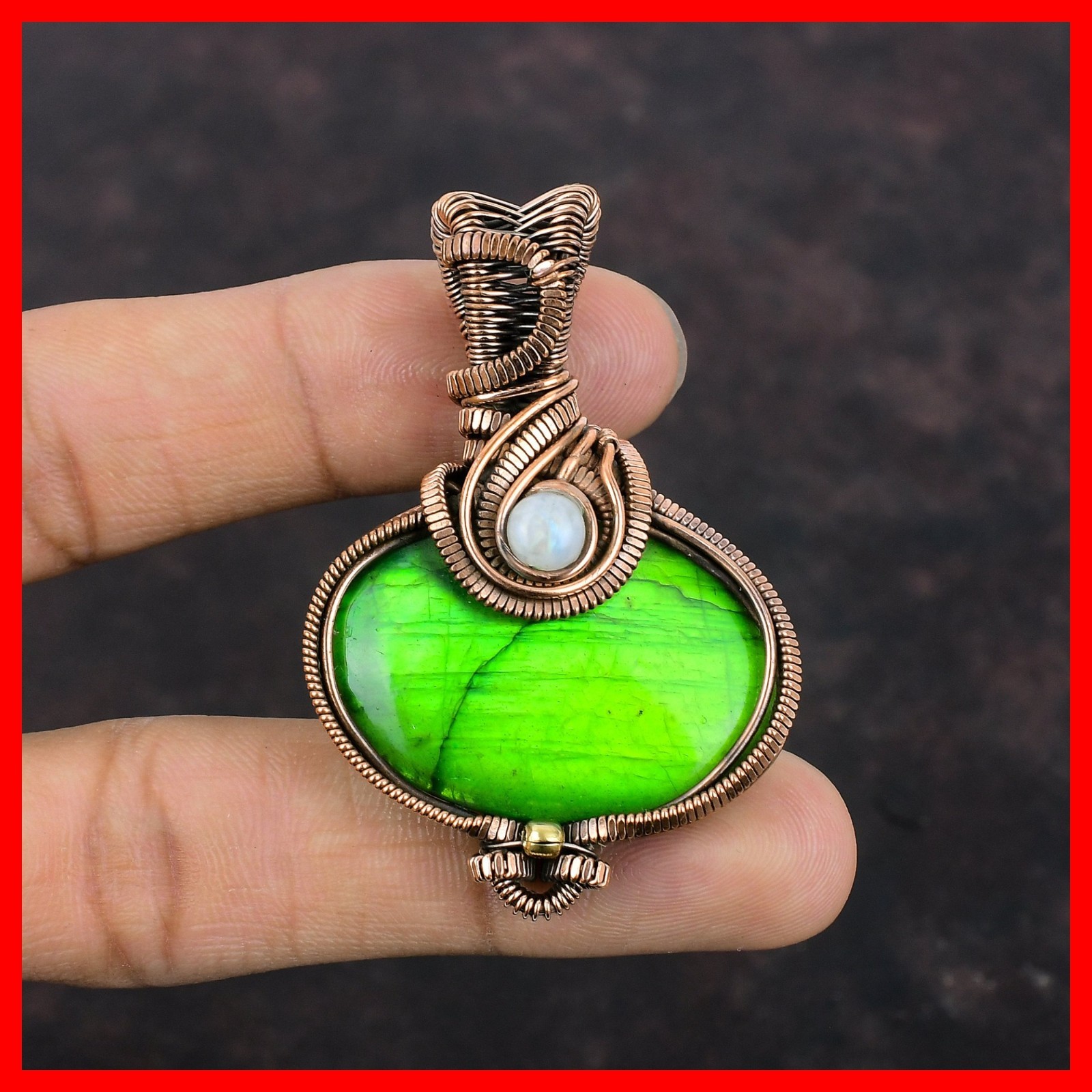 Green Fire Labradorite Stone Rainbow Moonstone Wedding Pendant Jewelry Copper