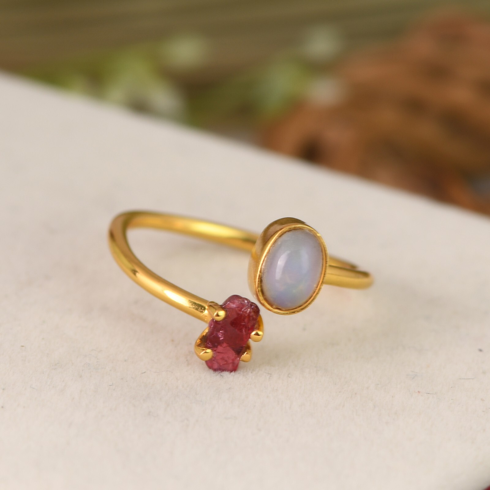 Raw Ruby Spinal & Fire Opal Ring Multi Stone Rough Gemstone Birthstone Jewelry