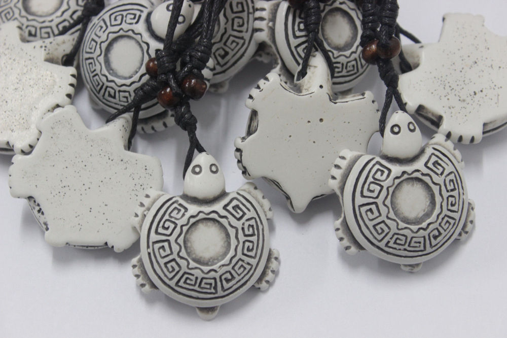 Adjustable White Brown Yak Bone Turtle Amulet Rope Necklace & Pendant 18-34 inch