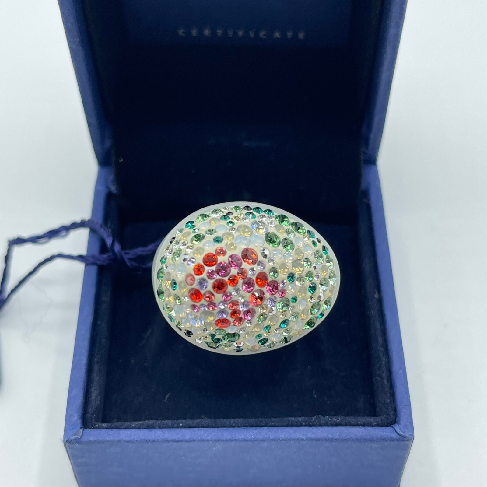 $125 New Swarovski Opaline White Ring with Green/Red Crystals