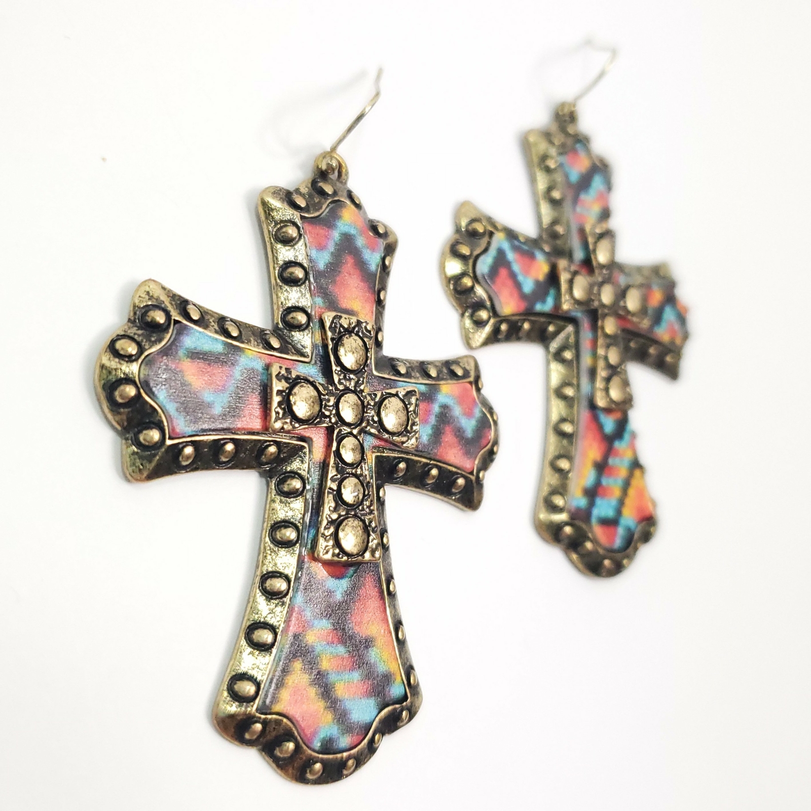 I03 Antique Gold Tone Metal Cross Shape Drop Dangle Hook Earrings