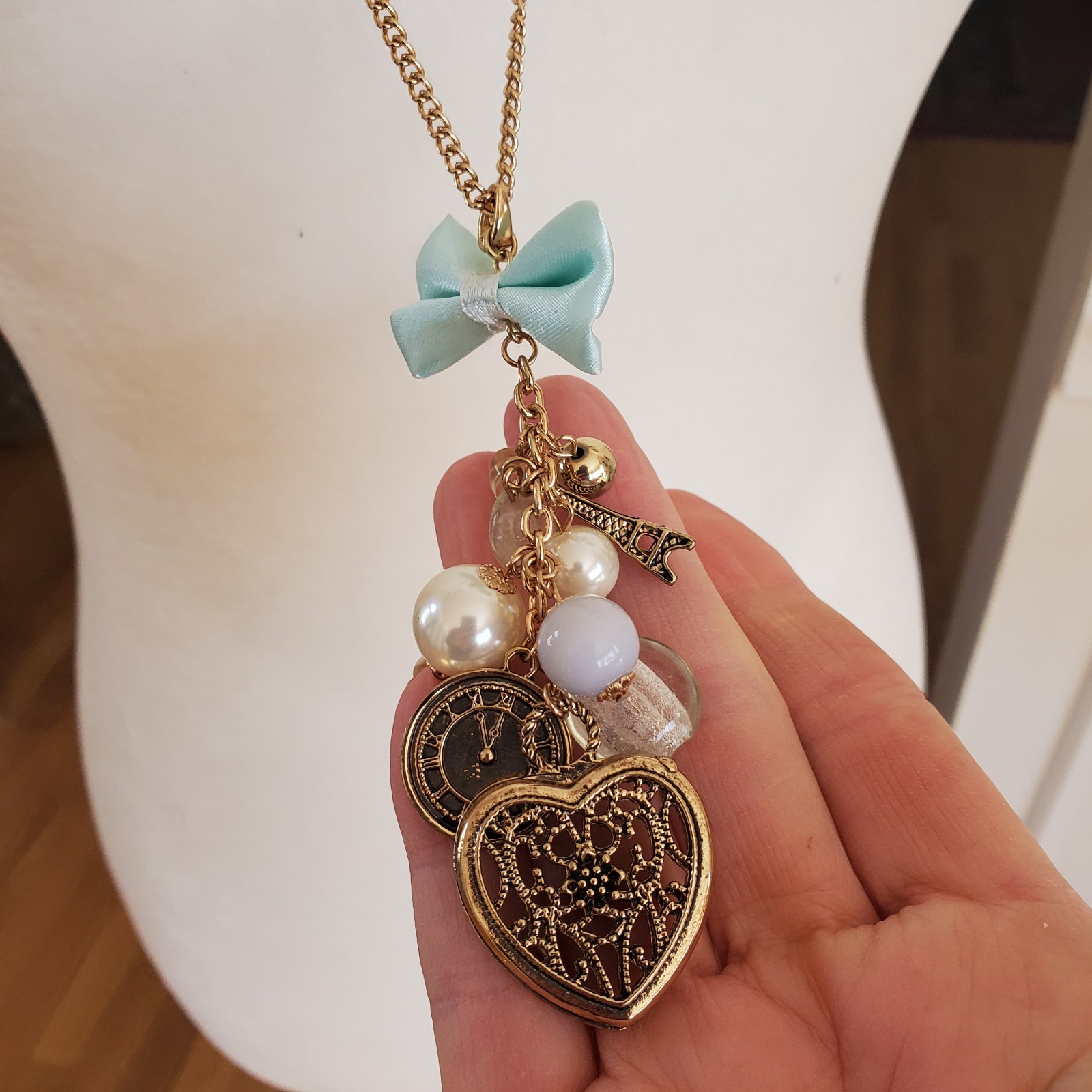 Paris Icons Long Necklace Goldtone – Musee d’Orsay Clock & Eiffel Tower – Heart