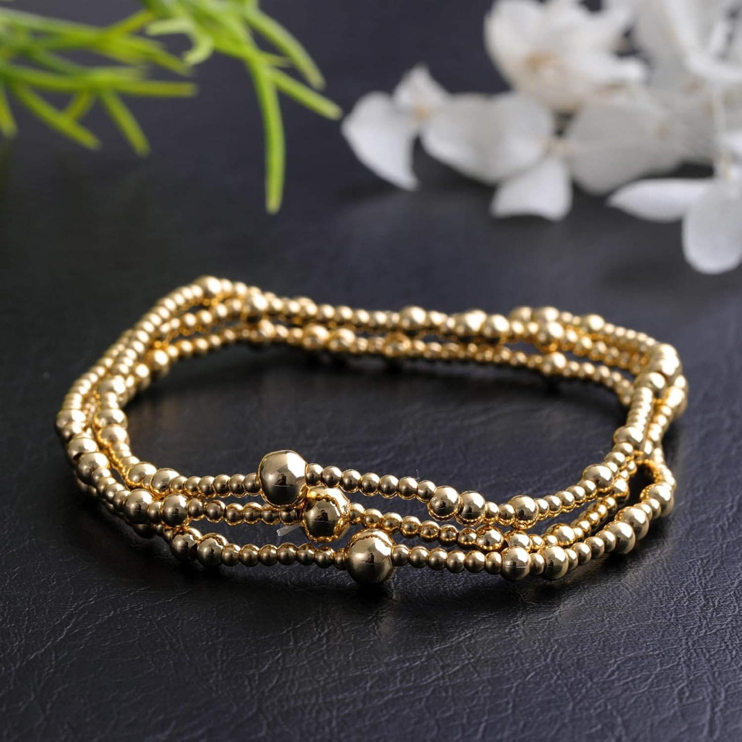 Gold Beaded Cross Bracelet for Women, 14K Plated Adjustable Stackable Dainty Bra