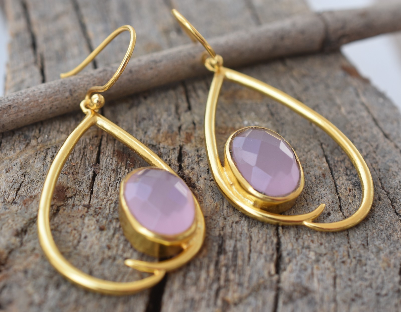 Rose Quartz Gold Plated Earring Handmade Romantic Jewelry Birthday Gifts For Her