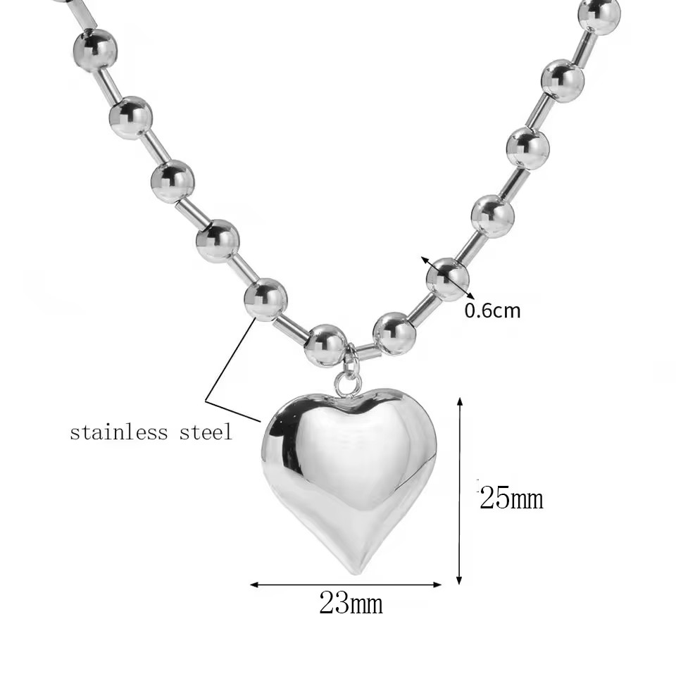 Stainless Steel Heart Necklaces for Women 6Mm Gold/Silver Color Metal Ball Bead