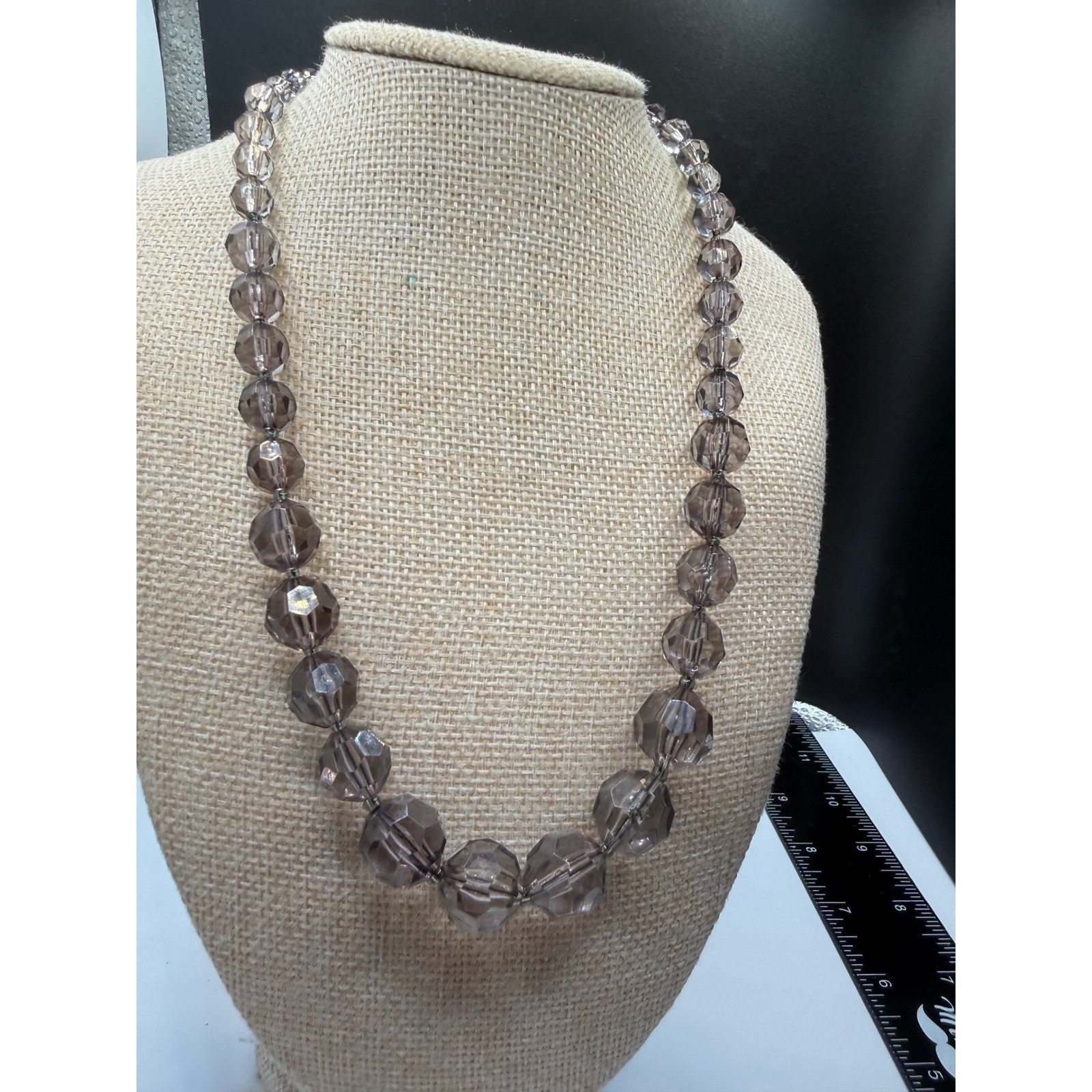Smoky Grey Faceted Graduated Bead Necklace Silver Tone Adjustable 18-20.5 Inch