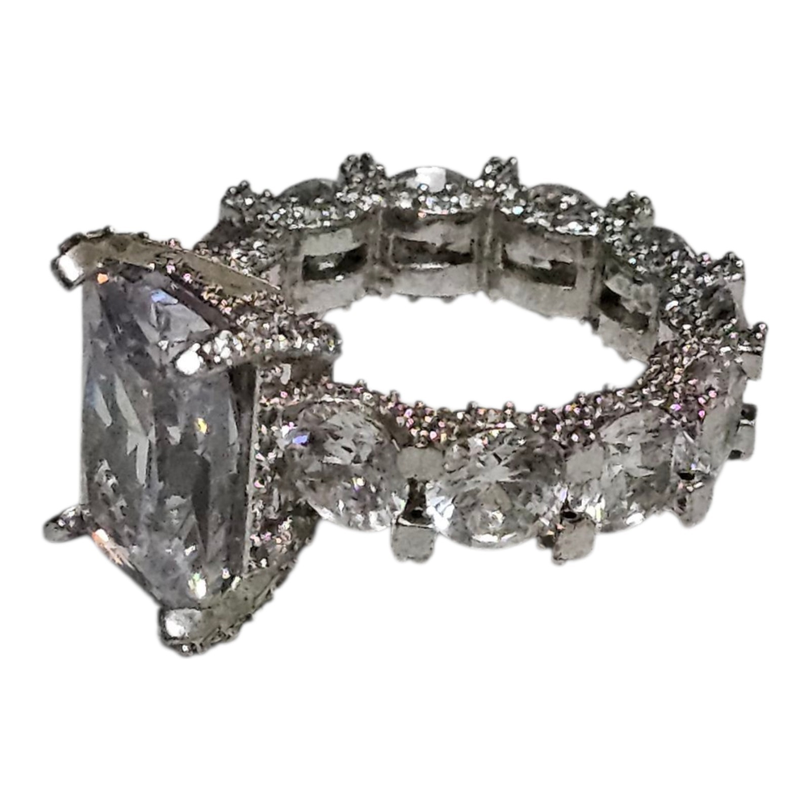 Radiant Cut Iced Out Cocktail Ring Costume Silver Tone Gaudy Size 7 Rhinestone