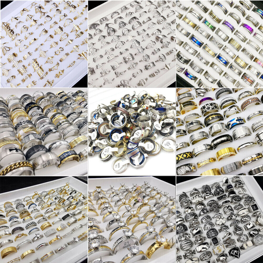 Wholesale 1-100pcs Bulk Lot Mixed Stainless Steel Rings Men’s Women’s Band Ring