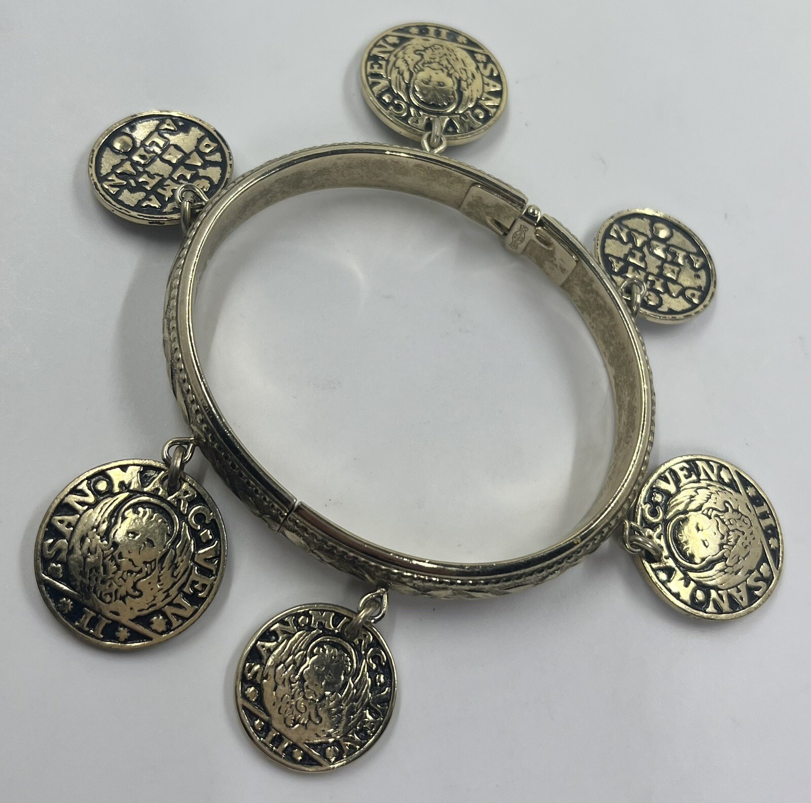 Whiting & Davis San Marc Ven Goldtone Faux Coin Hinged 6.5” Bracelet (1051)