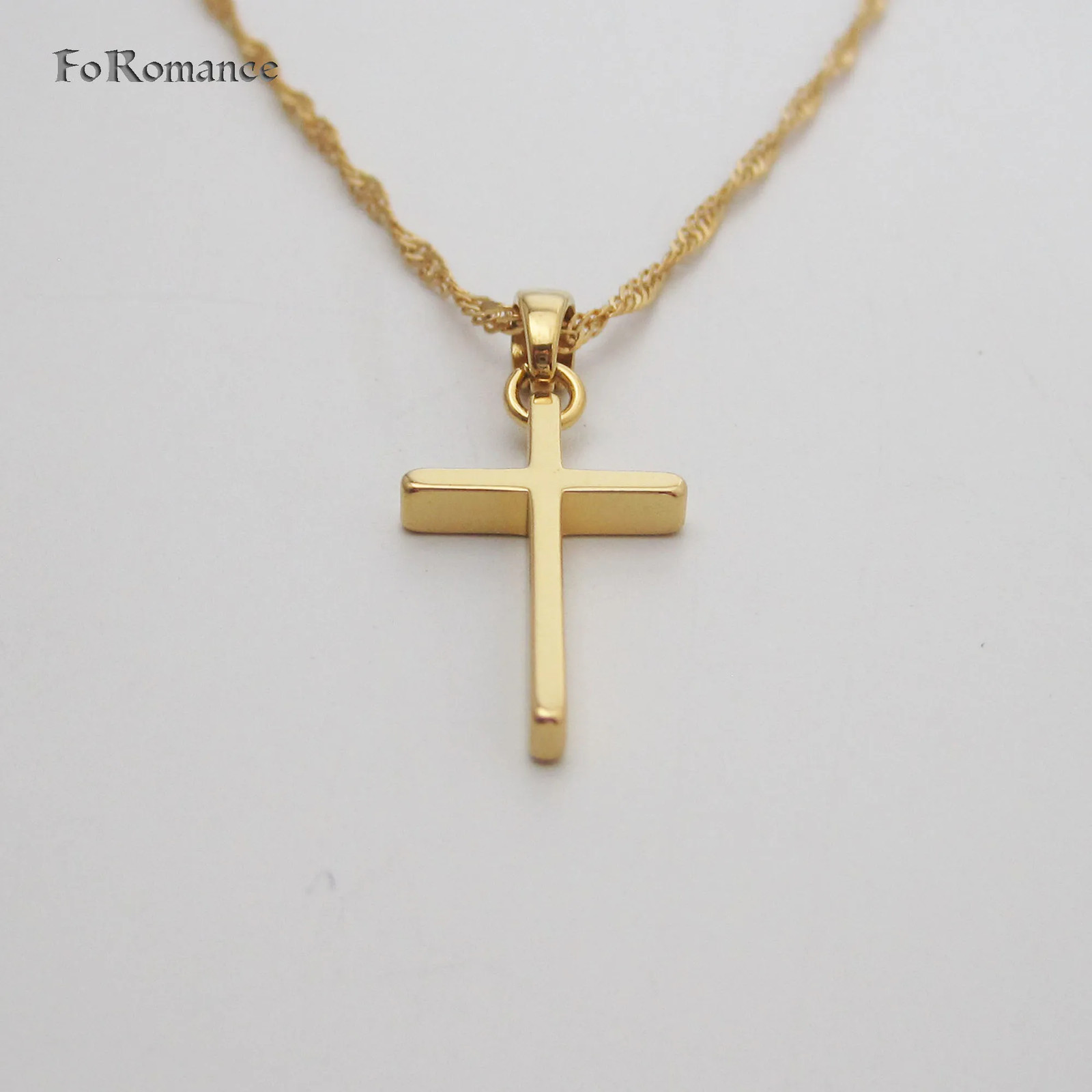 YELLOW GOLD COLOR 45CM WATER WAVE NECKLACE PLAIN SURFACE JESUS CROSS GOD PENDANT