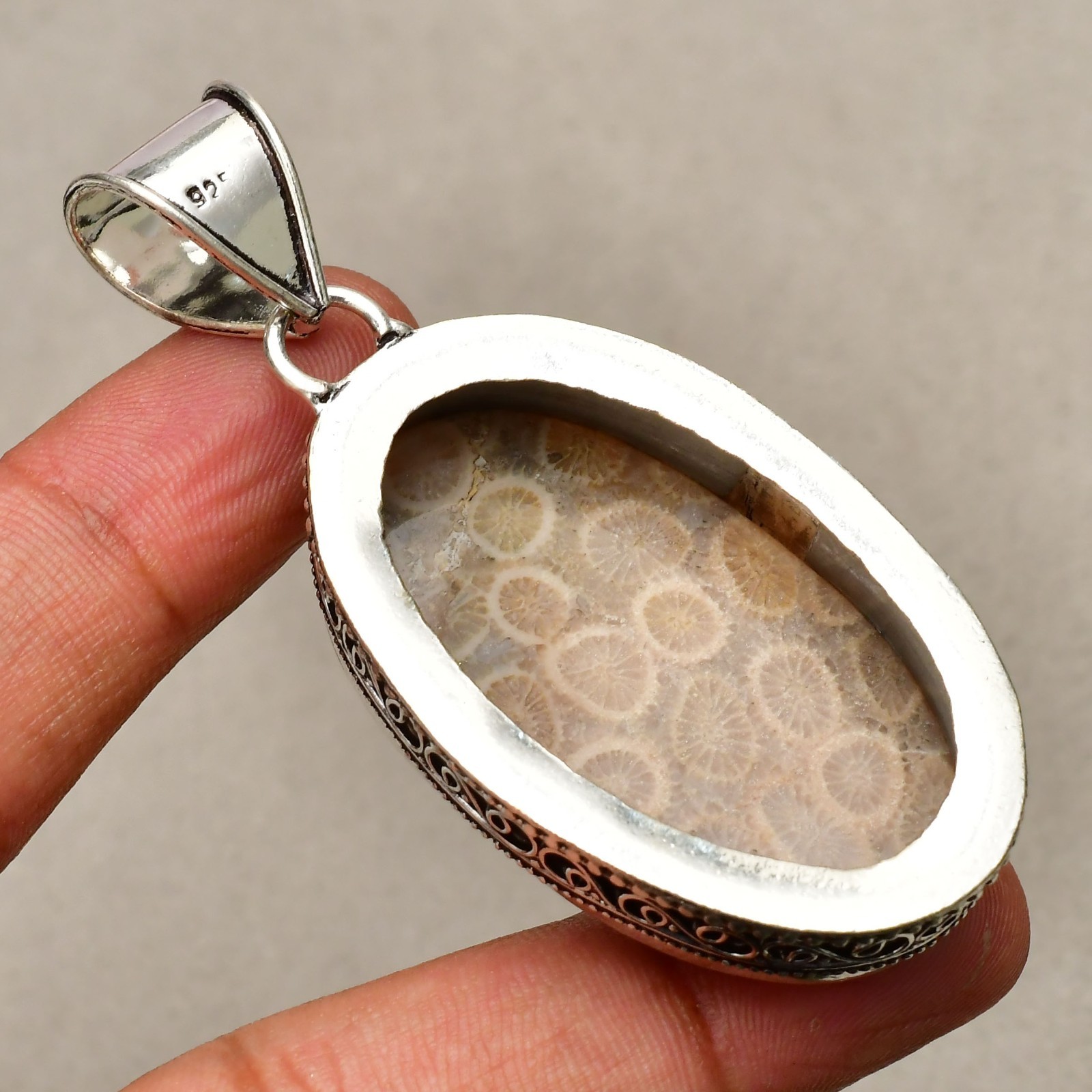 Fossil Coral Gemstone Handmade 925 Sterling Silver Jewelry Pendant 2.48″
