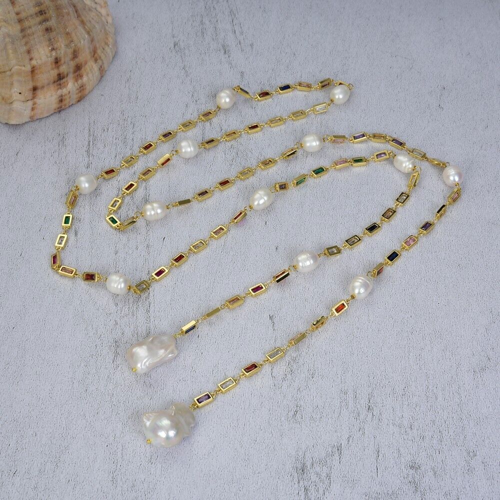 Cultured White Keshi Pearl Mixed Color Cz Pave Long Gold Plated Chain Necklace