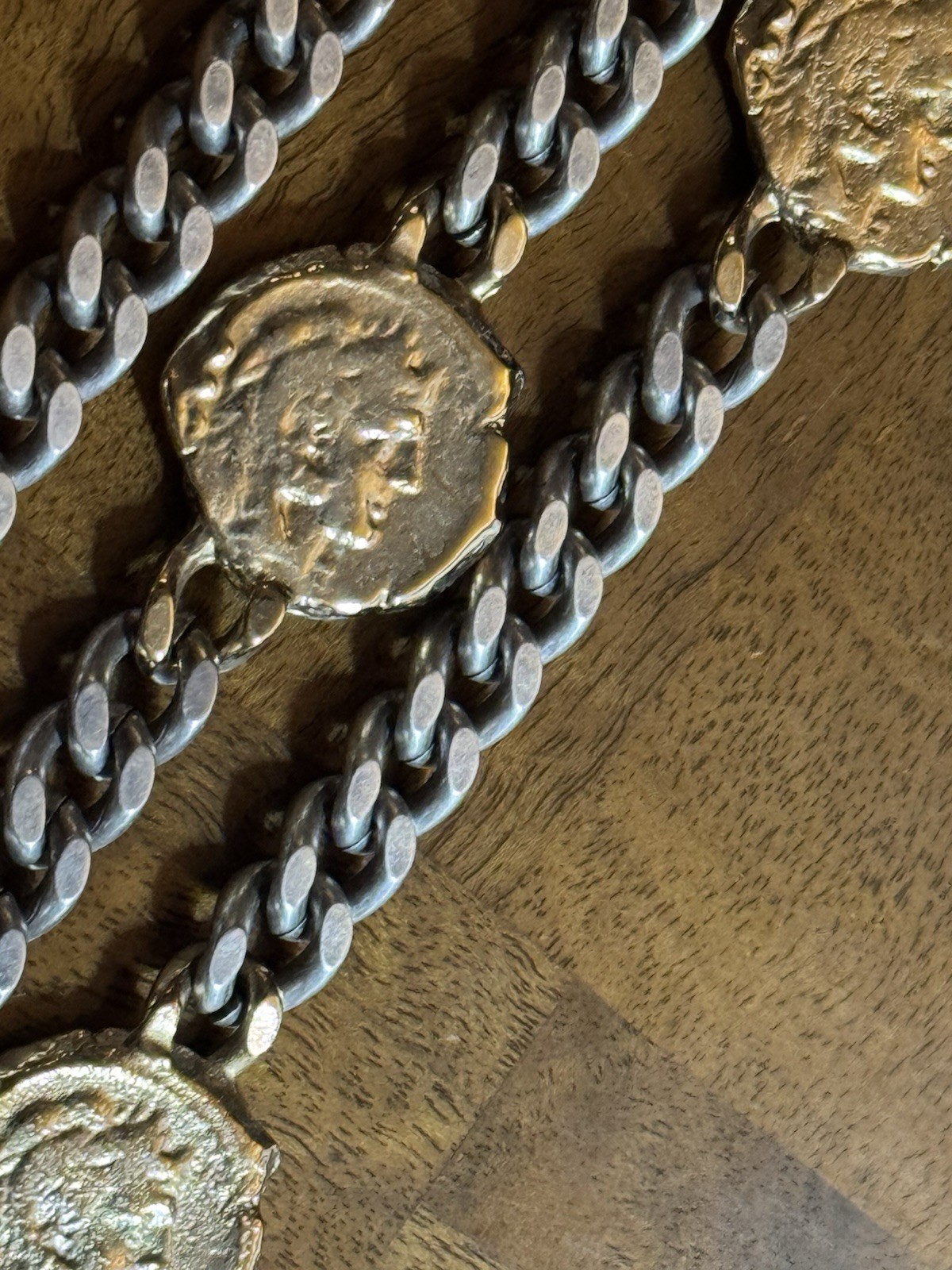 Tat2 Designs 3-Strand Heavy Curb Chain Bracelet with Roman Style Coins
