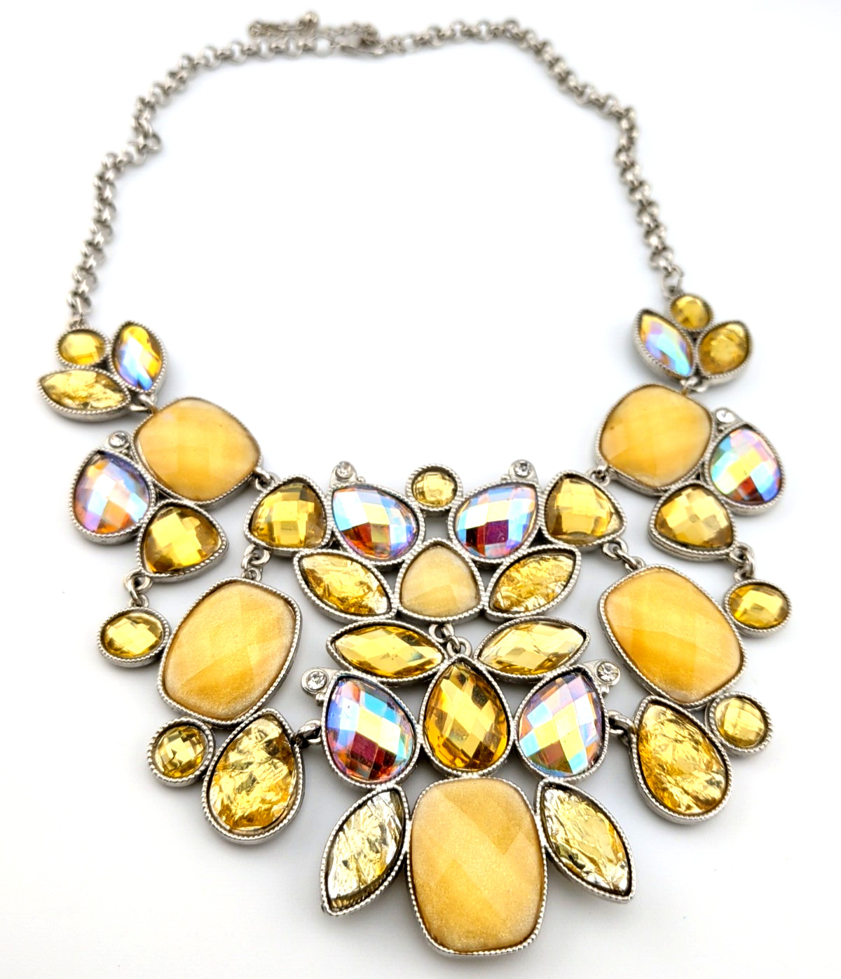 Statement Bib Necklace Gold/Iridescent Faceted Acrylic Crystals SilverTone Chain
