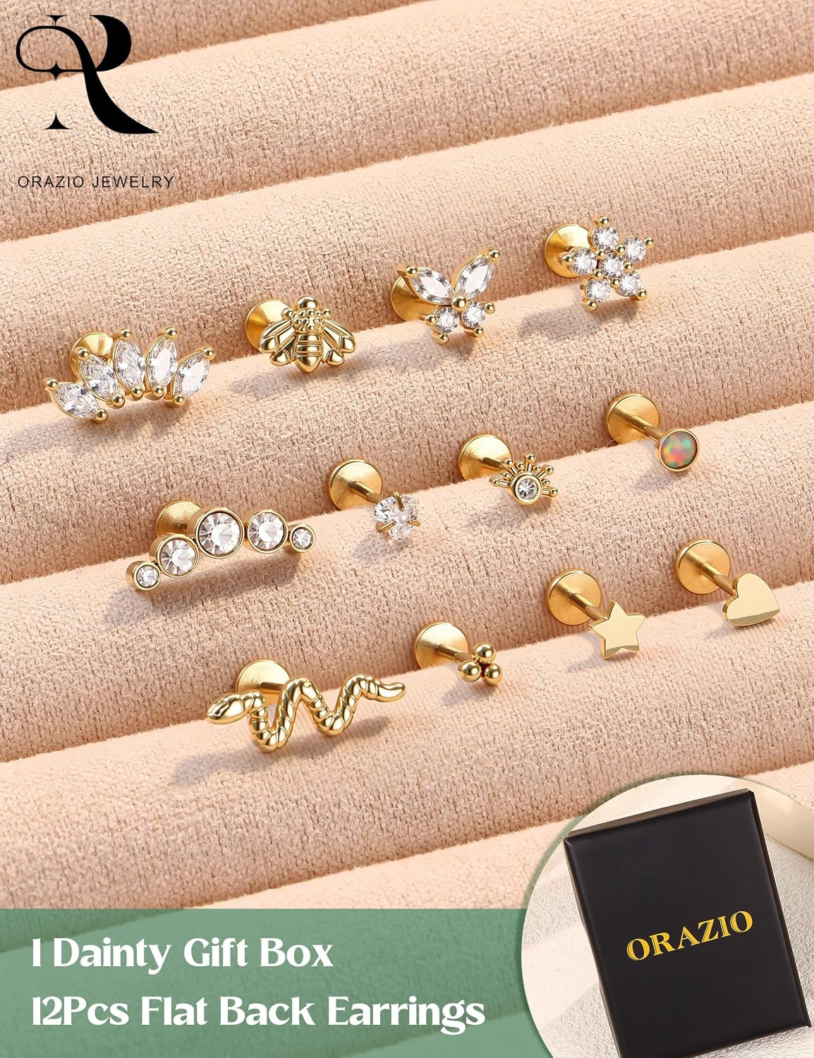14K Gold Plated Push in Stud Earrings, 316L Surgical Steel Flat Back Earrings Th