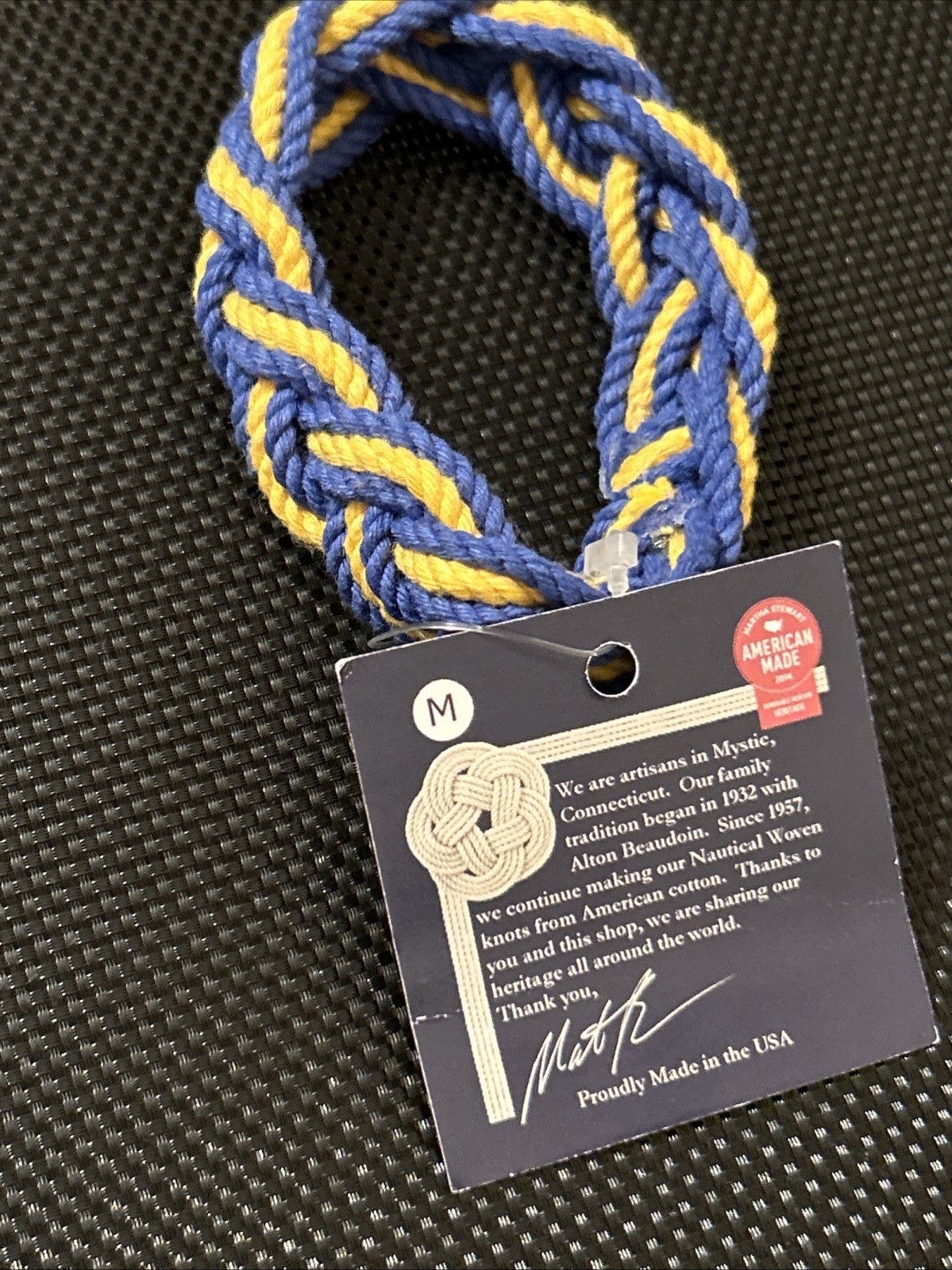 Mystic Knit Work Sailor Rope Bracelet, Nautical Stripe Blue & Yellow Size Medium