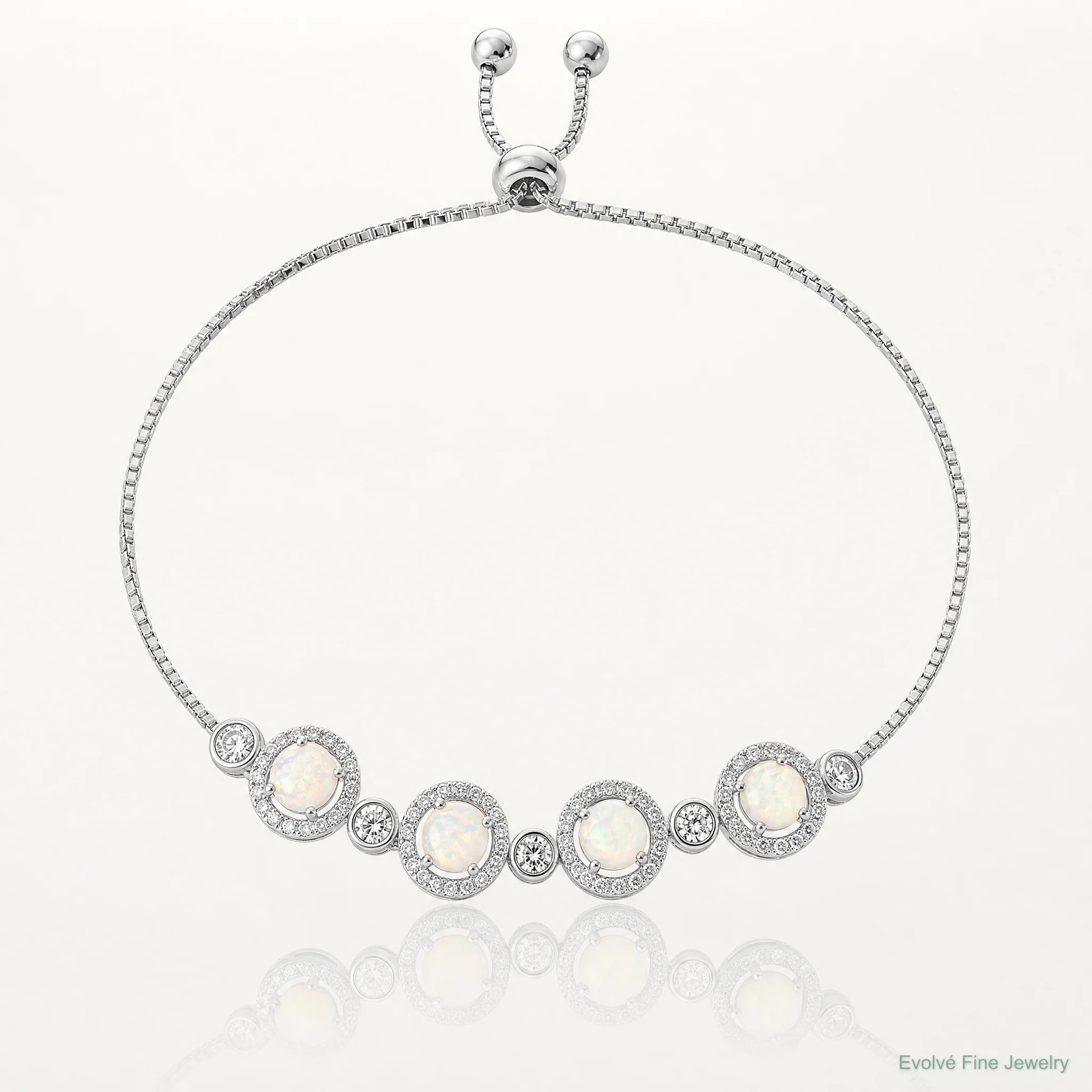 Sterling Silver RH-Plated Created Opal And CZ Adjustable Bracelet
