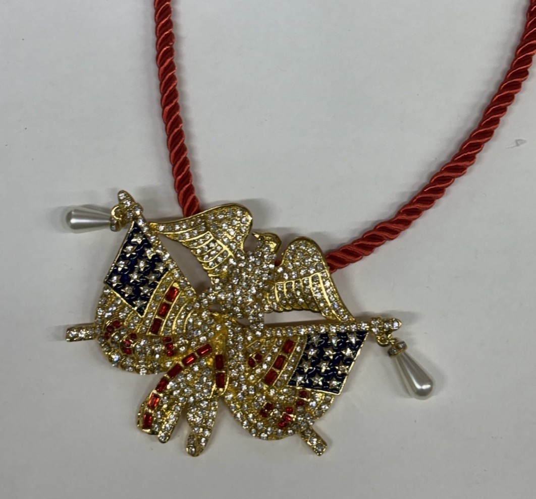 Flags Eagle Gold Tone Red White Blue Rhinestones Pearls USA 250th Necklace NEW