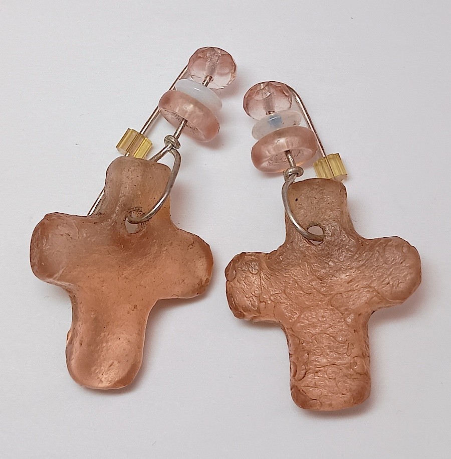 Earrings, Ghana, Recycled Glass Crosses, Peach, 1.75 Inch, Sterling Wires