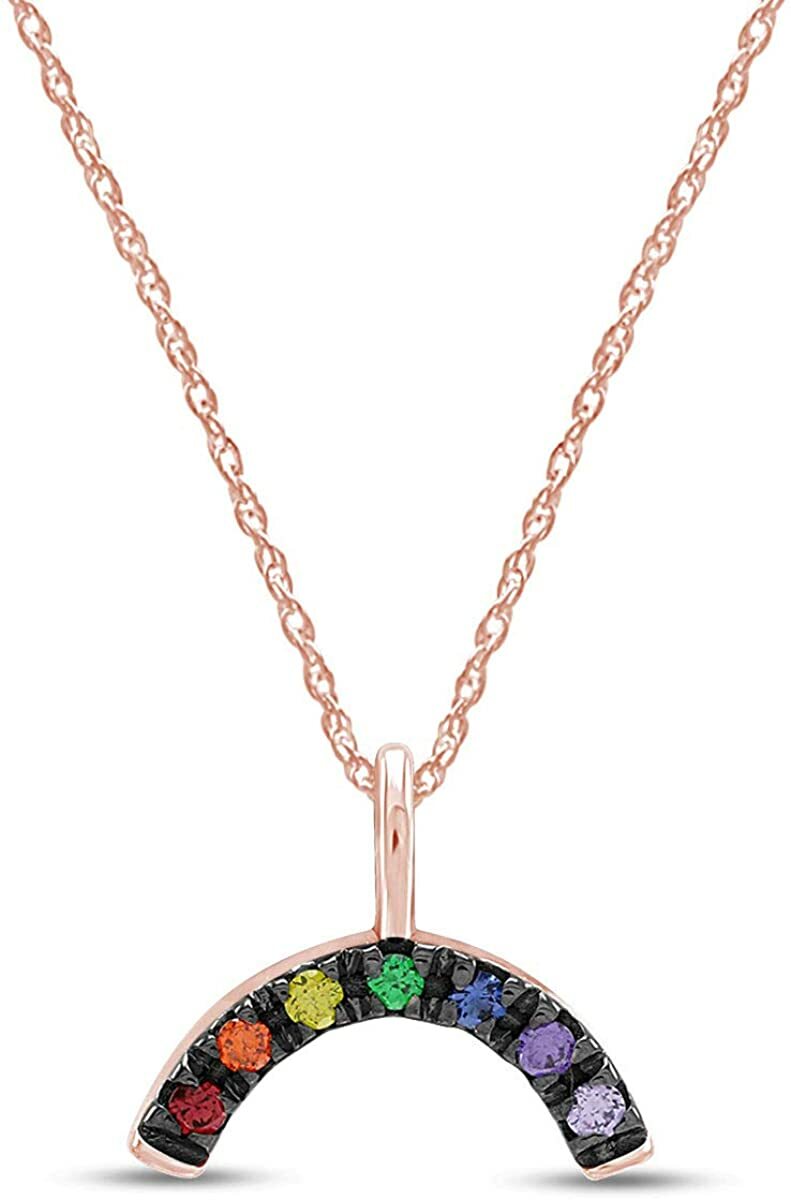 Rainbow Pendant Necklace 18″ Simulated Gemstone 14K Rose Gold Plated 925 Silver