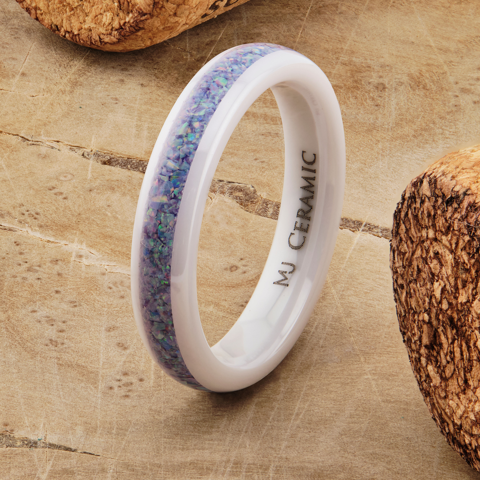 White Ceramic rings Rainbow, Lavender, or Pink Mimosa Opal inlay comfort fit 4mm