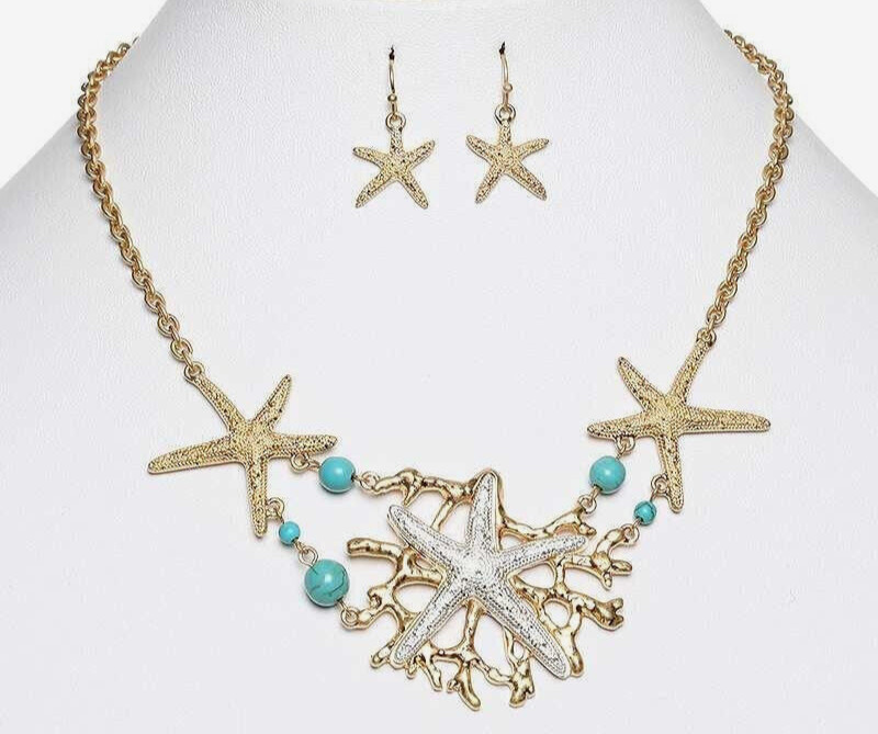 Starfish Coral Reef Ocean Beach Turquoise Bead Necklace & Earrings Set NWT