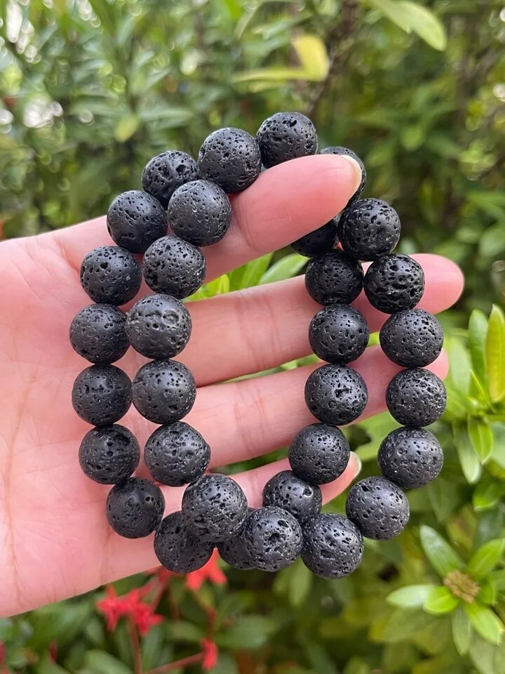 Grade A+ Large Black Lava Rock Crystal Bead Bracelet Volcanic Lava Bracelet 2Pcs