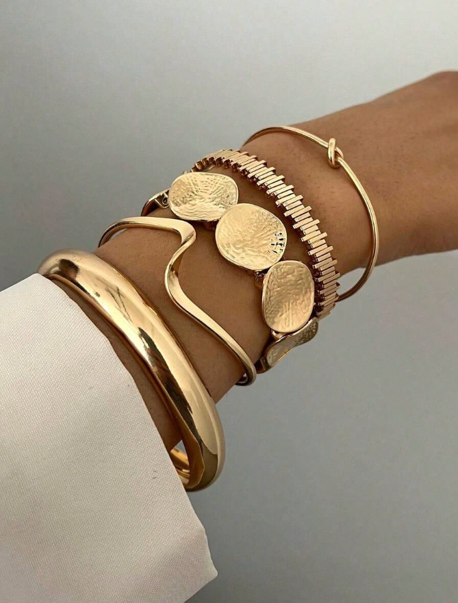 5pcs Vintage Gold Geometric Metal Bracelet Set Luxury Bangle Jewelry Women