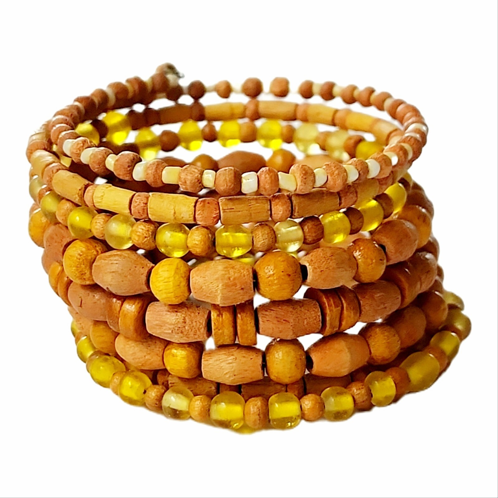 Yellow Glass and Wood Bead Memory Wire Tribal Style Wrap Bracelet Boho