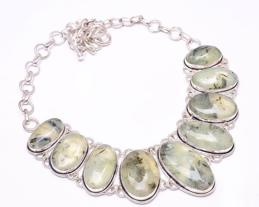 Moss Prehnite 925 Sterling Silver Bali Necklace 16-17.99″ N18, Christmas Gift
