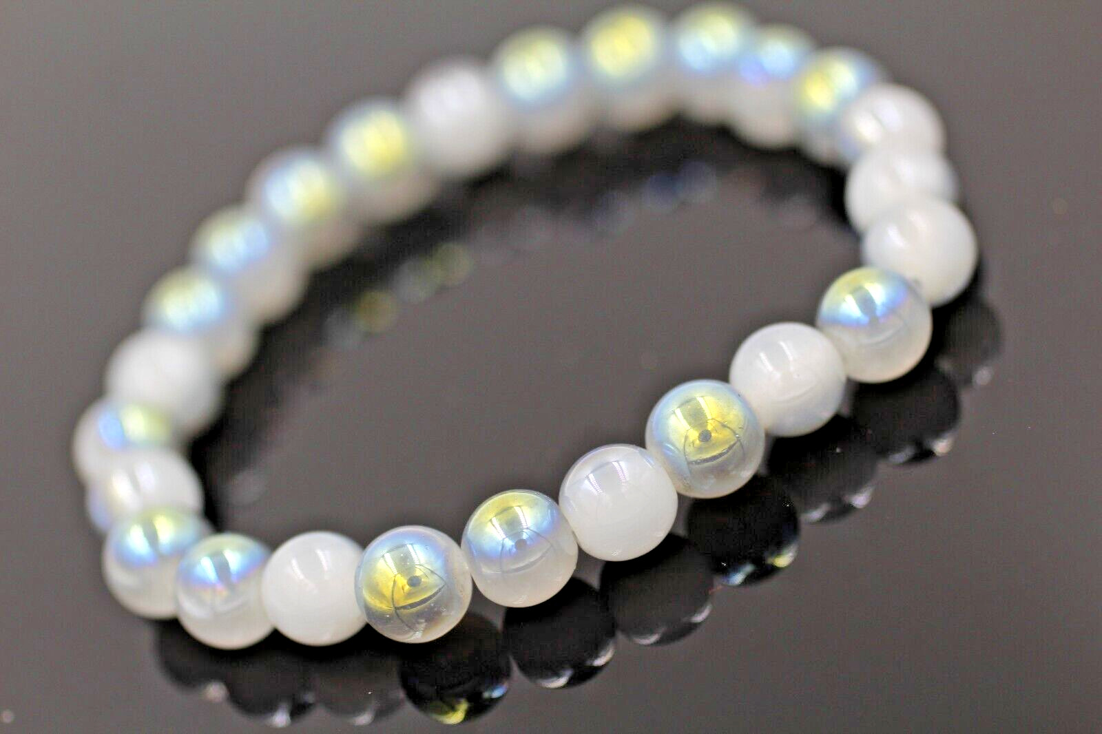 Grey Rainbow Coated Crystal Adjustable Fashion Bracelet Round Beads 7.5” Inch
