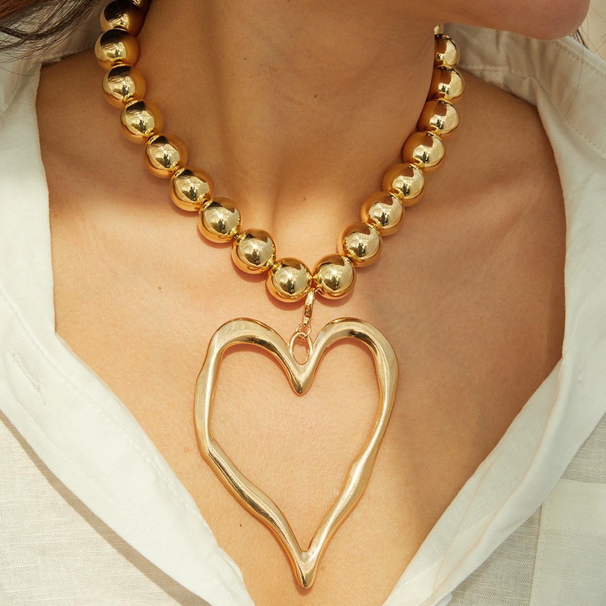 Chunky Silver Bead Necklace Irregular Open Heart Pendant Statement Jewelry 1Pc