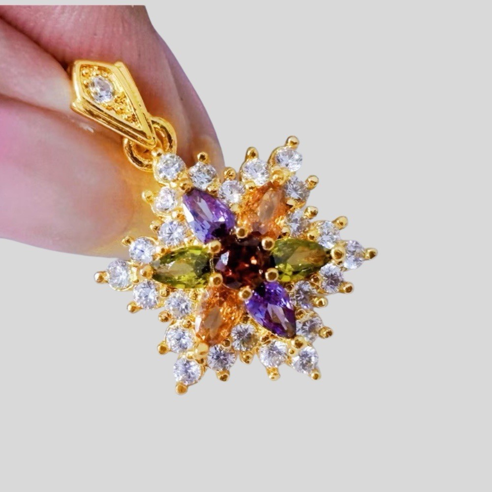 Amethyst pendant with diamonds Flower 24K Thai Baht Yellow Gold GIFT Girl Women