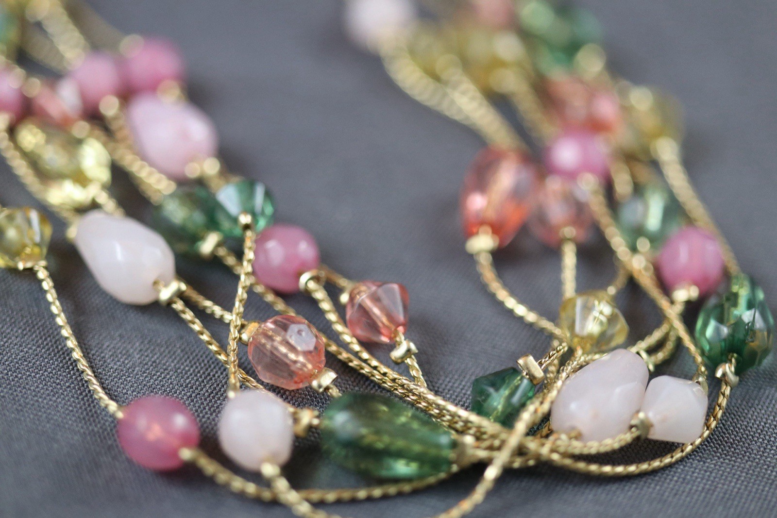 Multi-Strand Gold-Tone Beaded Necklace – Pink, Green & Amber Glass & Stone Beads