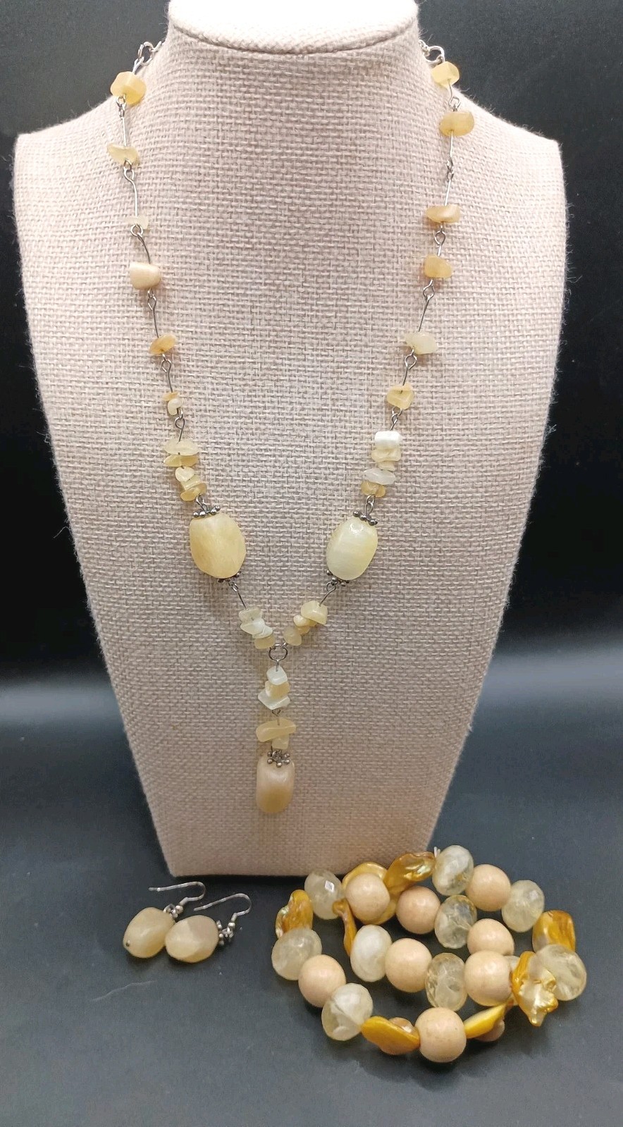 Natural Quartz Stone Necklace 2 Bracelet Earrings Set Shell Wood Accent
