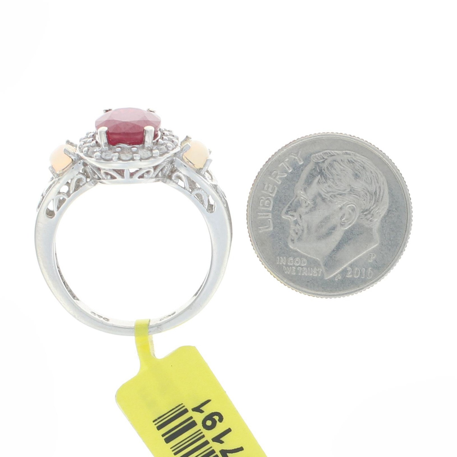 Silver Lead Glass Filled Ruby, Opalite & Zircon Halo Ring 925 Oval Cut 2.80ctw