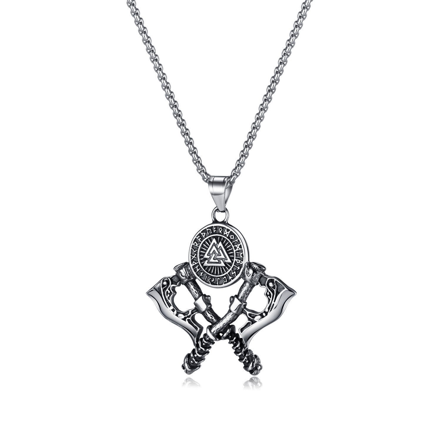 Viking Warrior Double Axe Stainless Steel Pendant Necklace Valknut Rune Chain