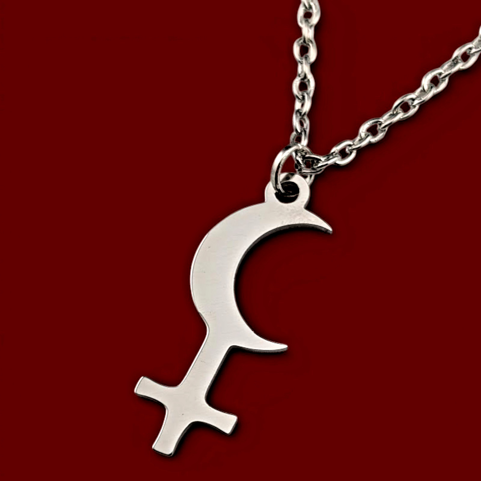 LILITH alchemical symbol amulet crescent moon & cross steel pagan witch charm S3