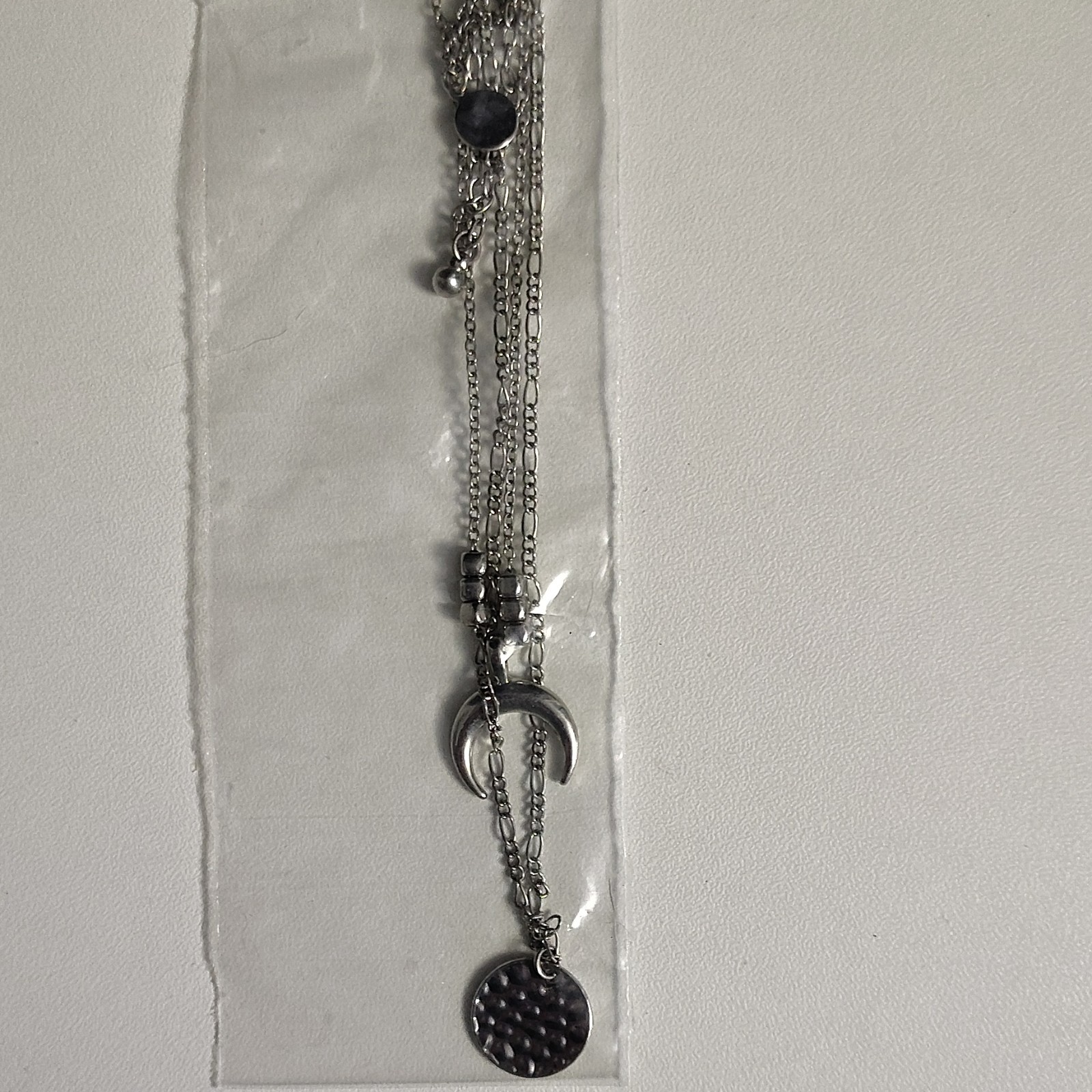Silver Tone Chain Necklace Horseshoe & Textured Round Disc Charm Pendant