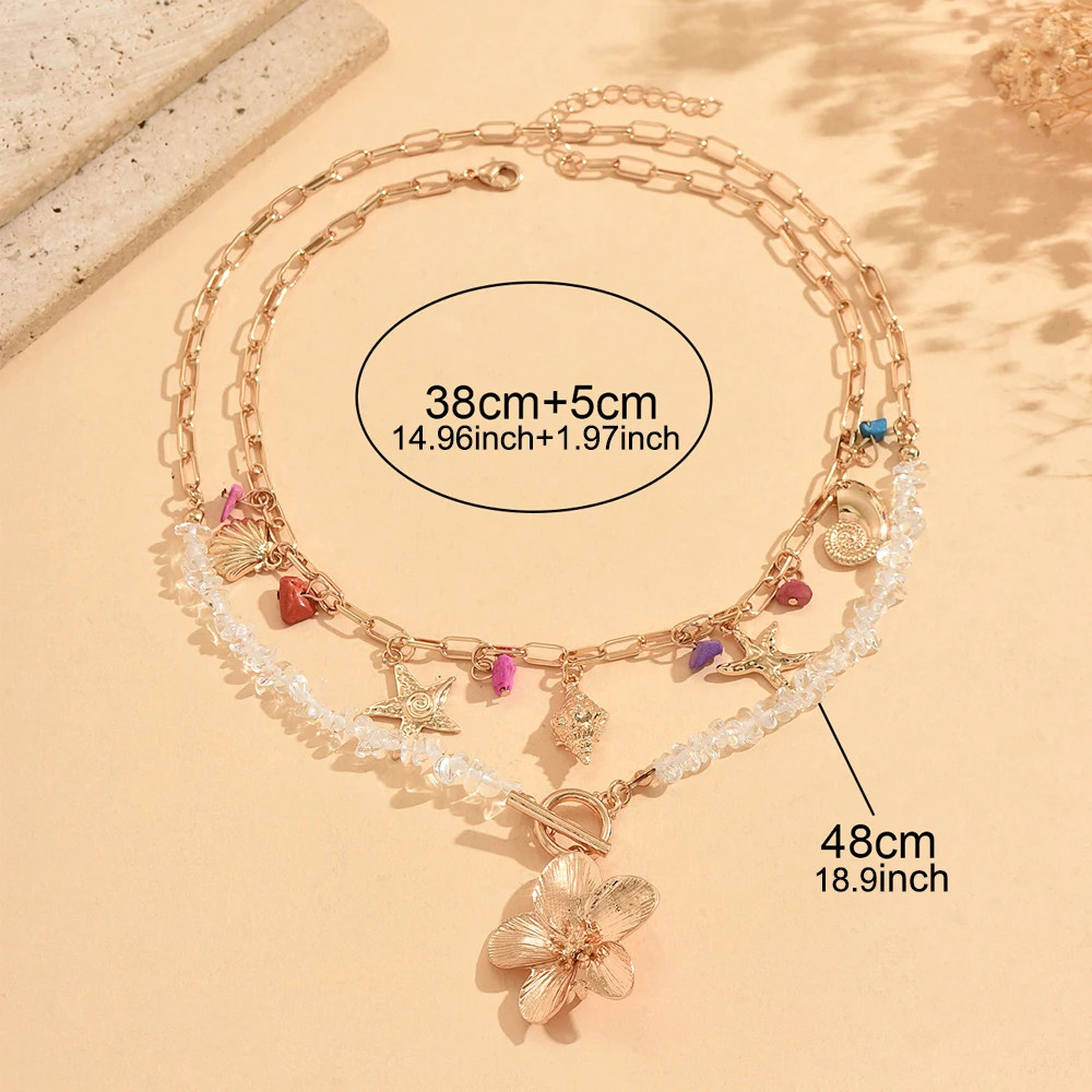 Summer Beach Boho Necklace Starfish Shell Pendant Layered OT Buckle Choker for W