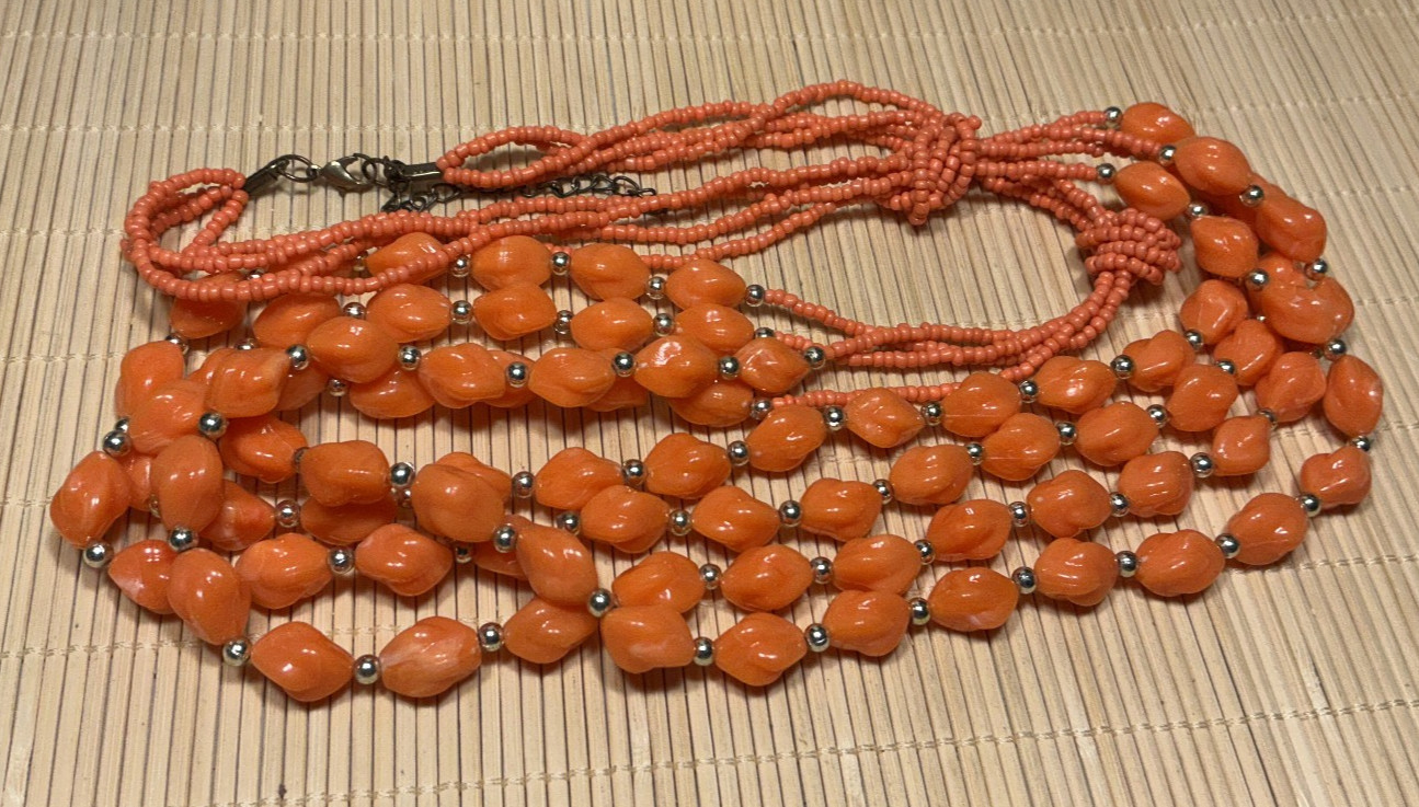Fashion Necklace Orange Plastic & Glass Seed Bead Multi Strand Brass Lot 91