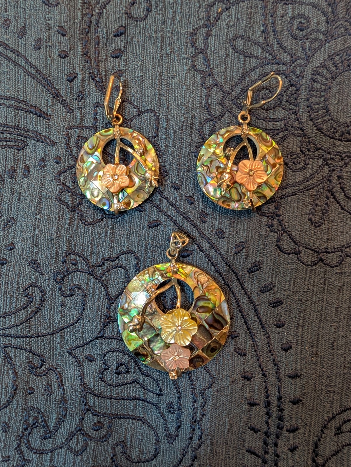 Lee Sands Abalone and Mother of Pearl Pendent and Earrings Set