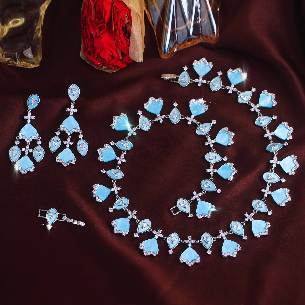 Light Blue Long Chandelier Earrings Necklace Women Zirconia Wedding Jewelry Set