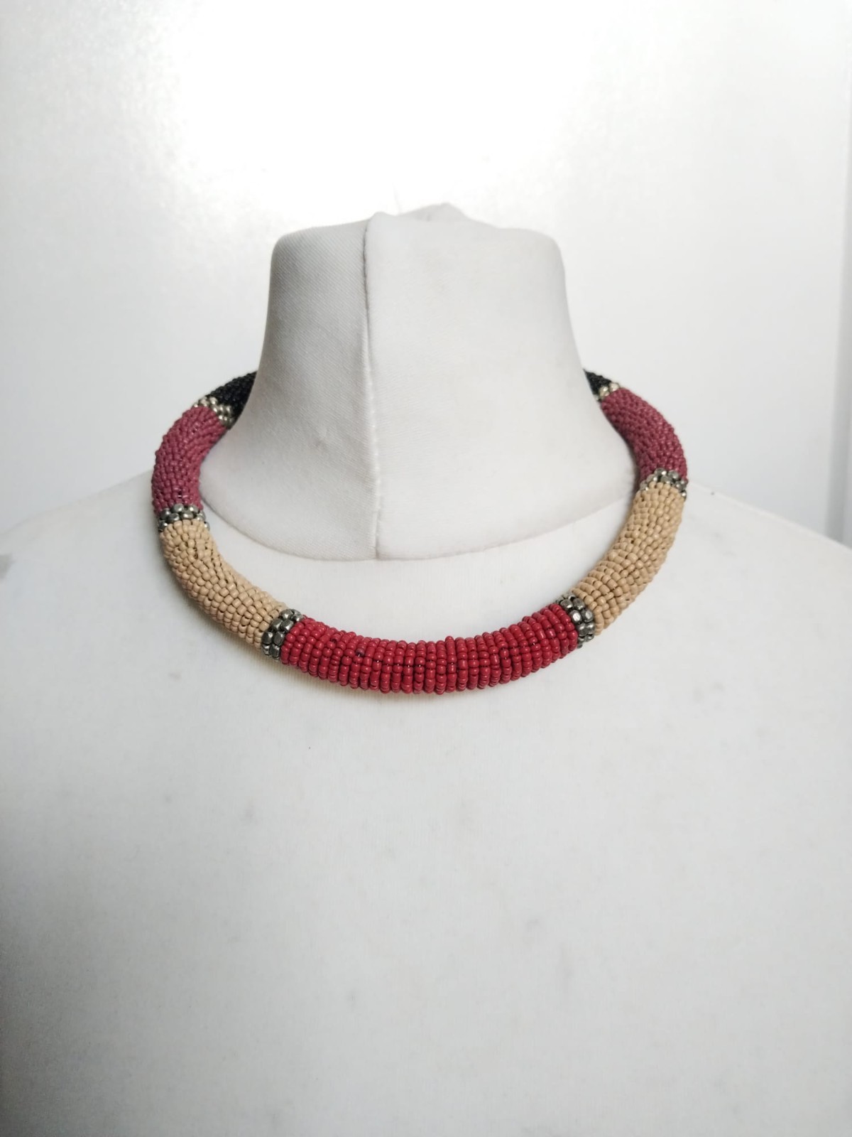 Pink Beige Black Silver Tone Beaded Thick Spring Tube Boho Necklace