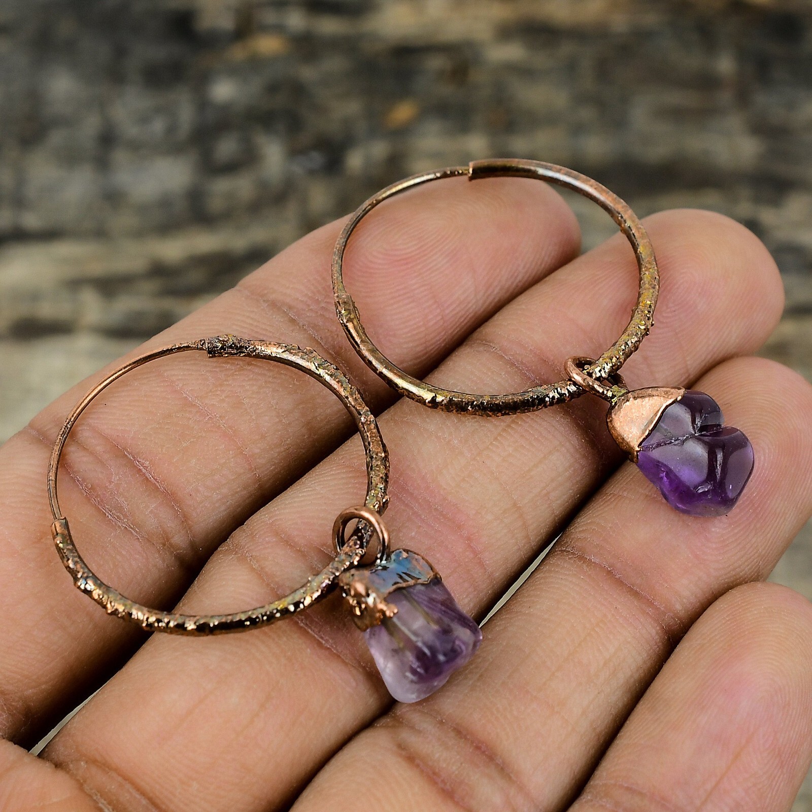Gift For Her African Amethyst Rough Electroformed Earrings Copper 1.77″