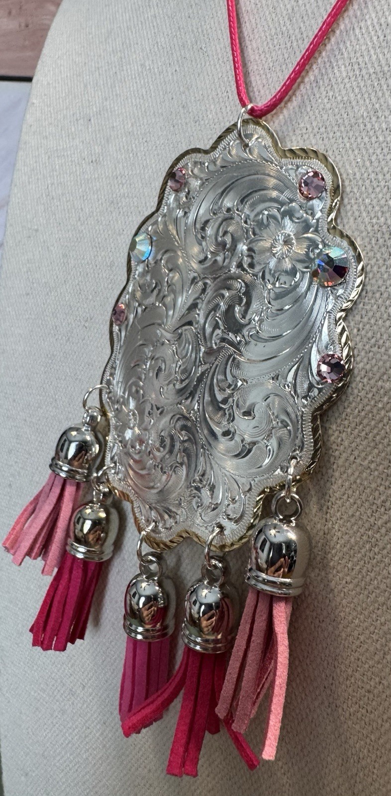 Silvertone & Rhinestone Oval Tassel Statement Pendant On Cord Necklace